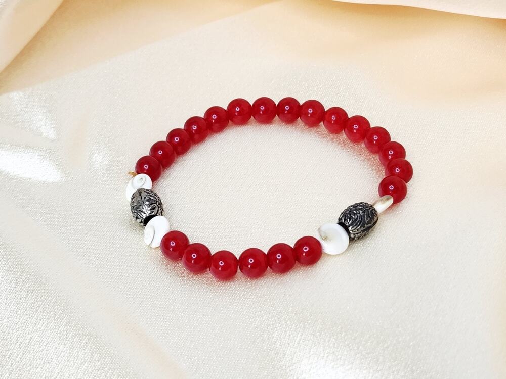 Vintage Red Agate Gemstone Bracelet Shiva Eye Flower Floral Charm Stretch